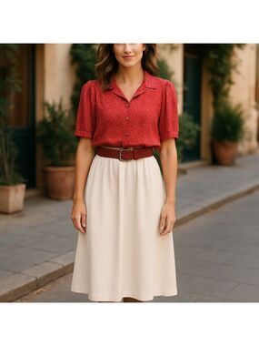 70s SUNSHINE VALLEY RED FLORALSHORT SLEEVE TOP W A TEXTURE A-LINE SKIRT SZ 14